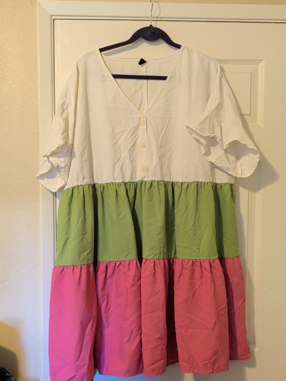 SHEIN White, Green & Pink Tiered Colorblock Dress